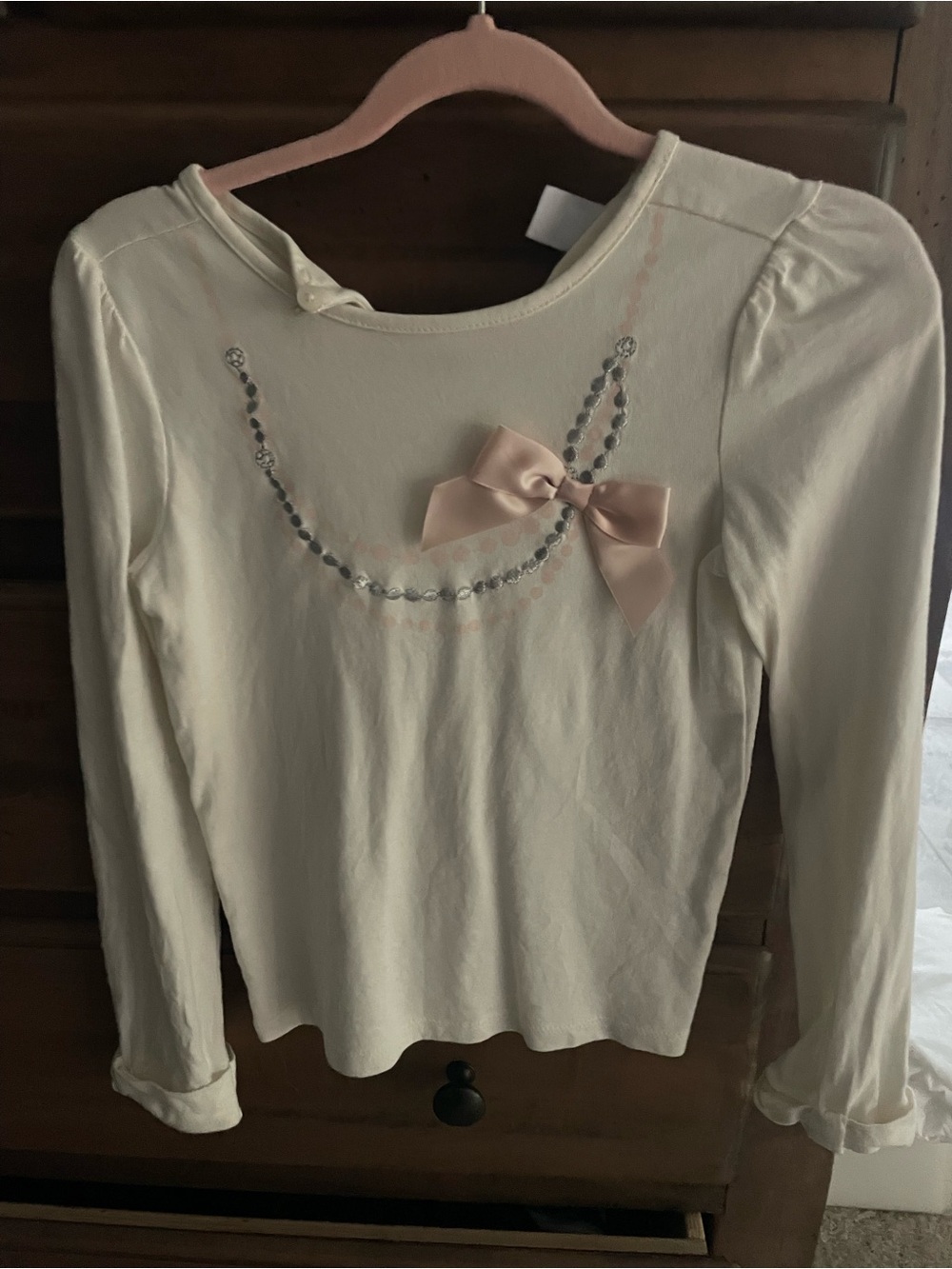 Janie and Jack Cream Long-Sleeve Top with Pink Satin Bow